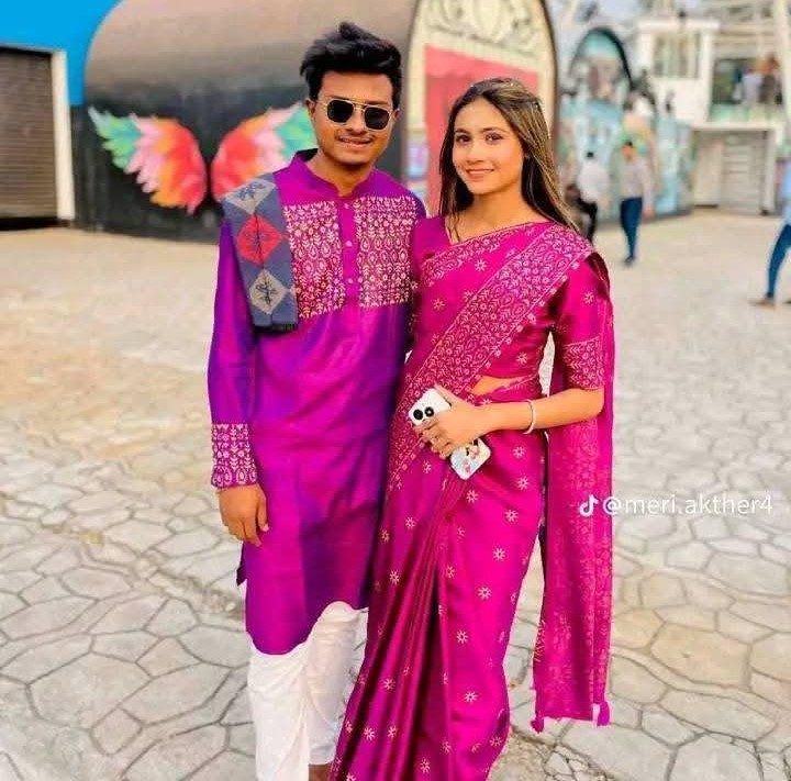 প্রিমিয়াম জাপানি সিল্ক শাড়ি ও ধুপিয়ান সিল্ক পাঞ্জাবি কাপল সেট
